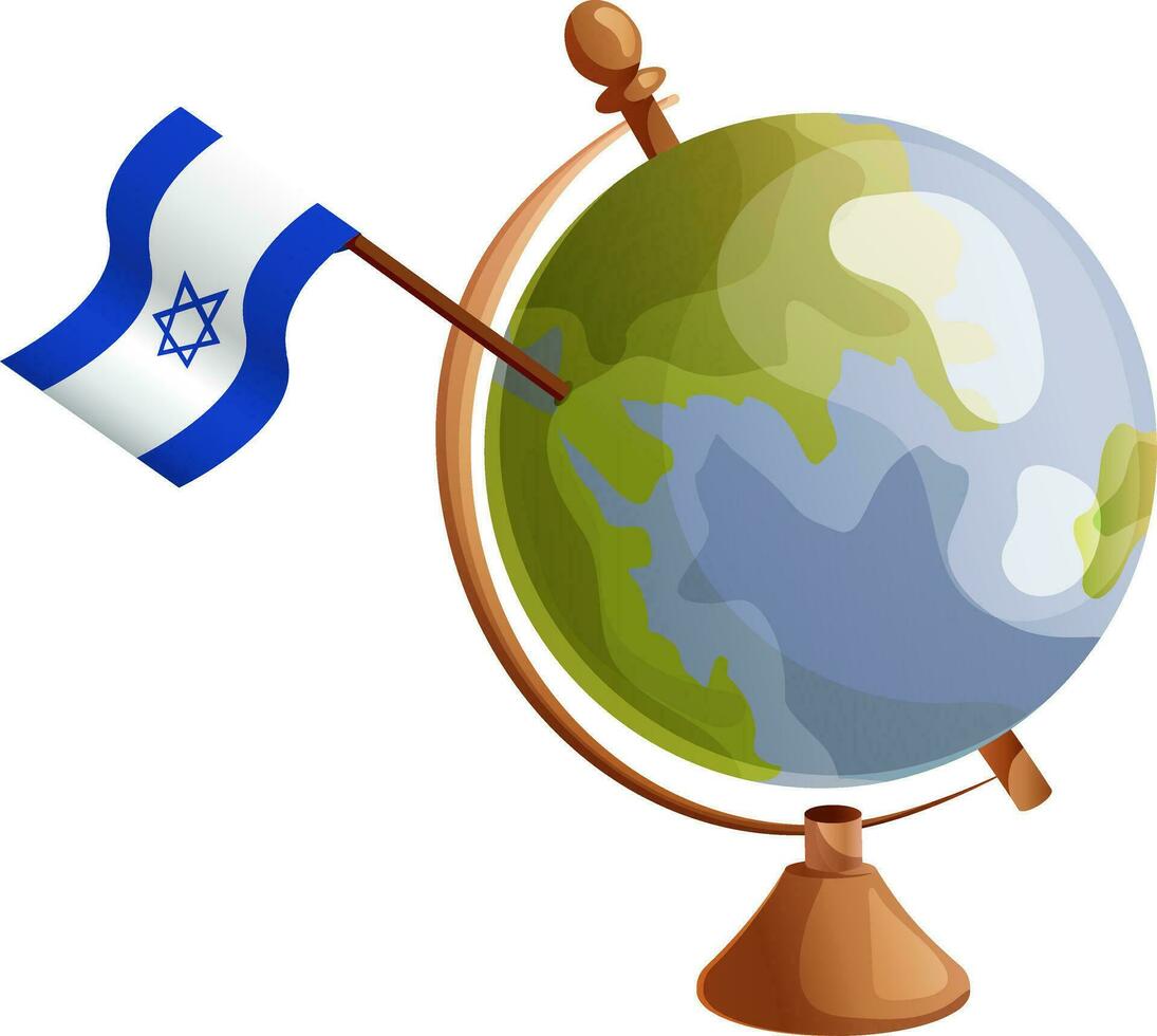 Israel flag pole on globe. Flag waving around the world. National flag vector illustration on white background.