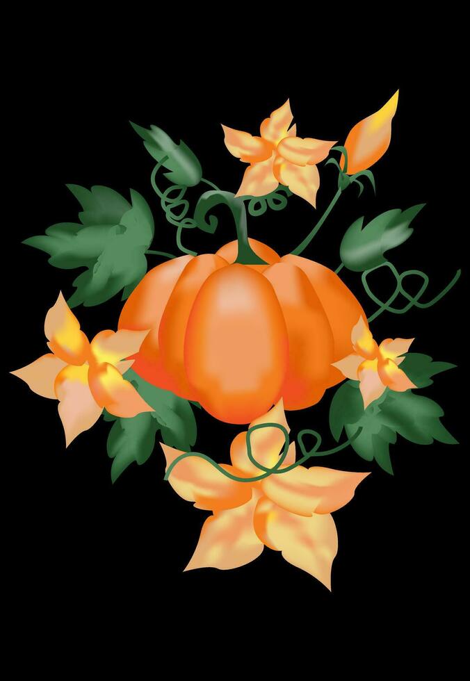 Pumpkin and Flowers Vector Illustration