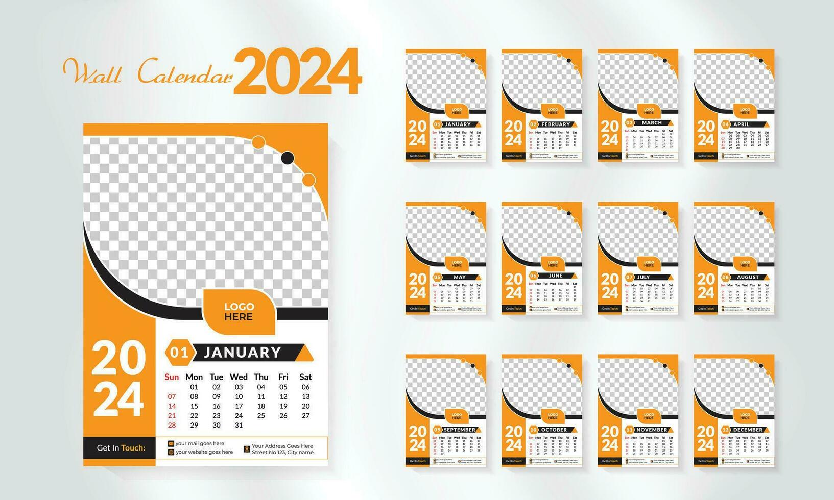2024 happy new year calendar template set. modern and creative layout wall calendar set of 12 month template. minimalist template or calender a4 layout design.  week start on sunday. vector