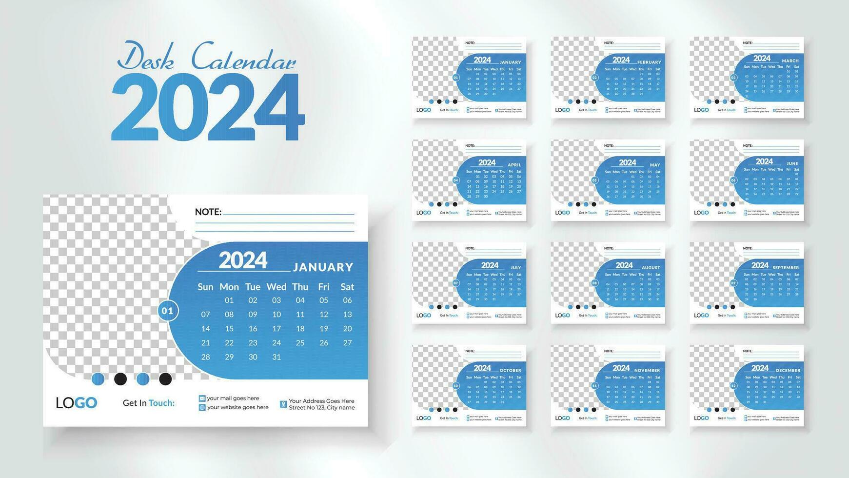 2024 nuevo año escritorio calendario diseño plantilla, moderno y nipque diseño escritorio calendario conjunto de 12 mes. semana empieza en domingo. vector