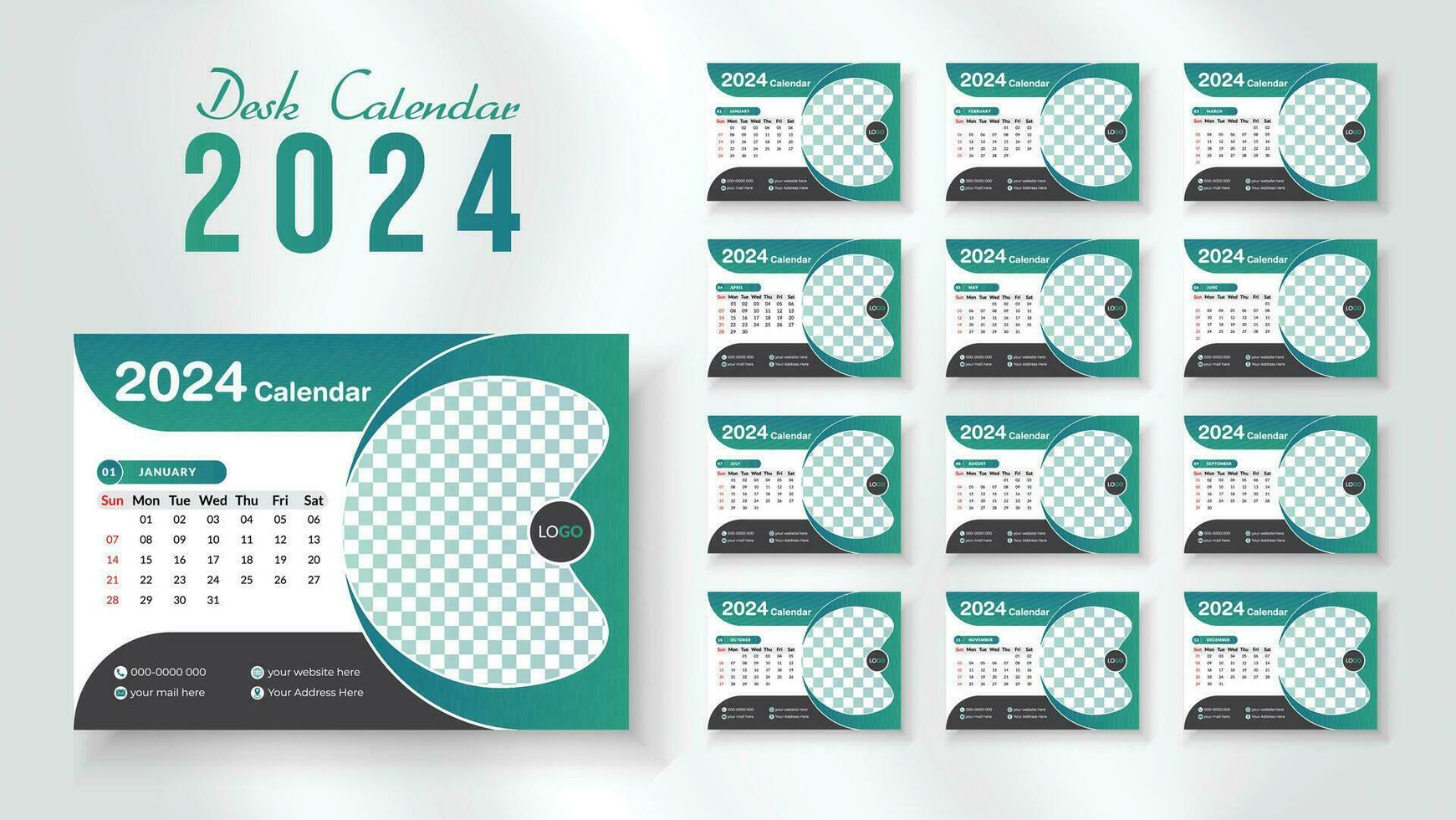 2024 new year desk calendar design template, Modern and nipque layout desk calendar set of 12 month. week starts on Sunday. vector