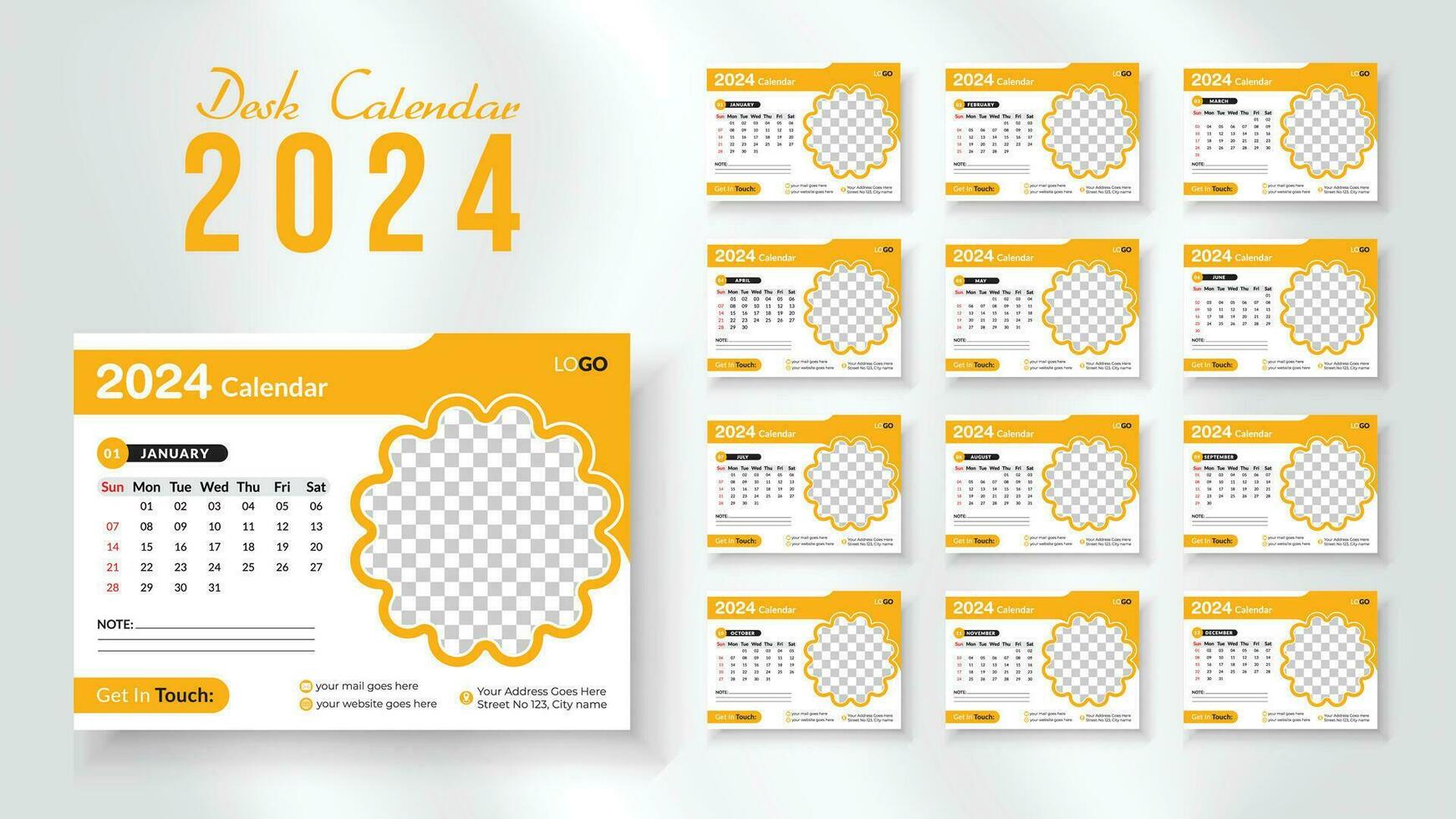 2024 new year desk calendar design template, Modern and nipque layout desk calendar set of 12 month. week starts on Sunday. vector