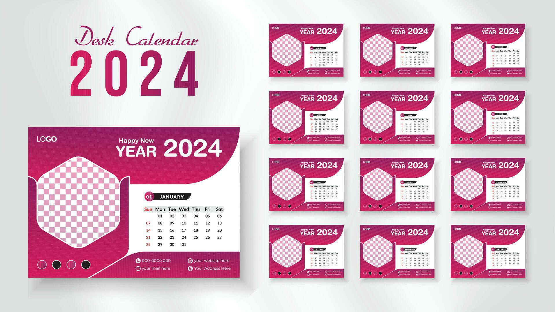 2024 new year desk calendar design template, Modern and nipque layout