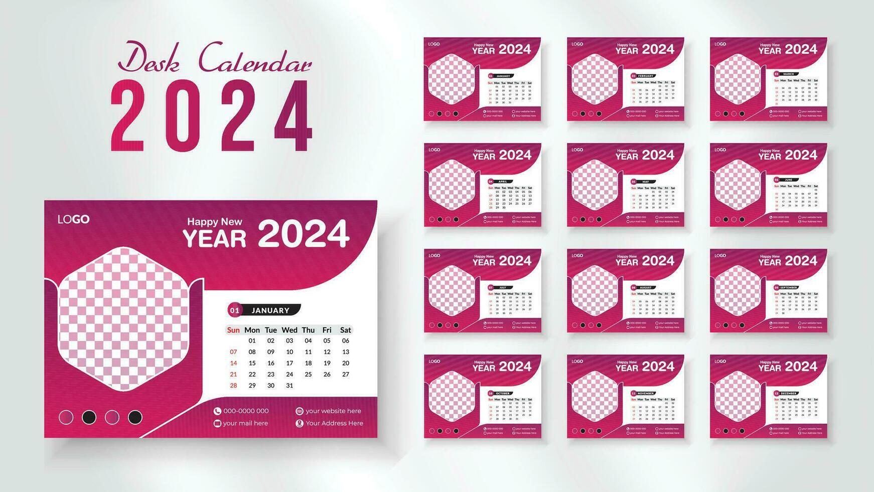 2024 new year desk calendar design template, Modern and nipque layout