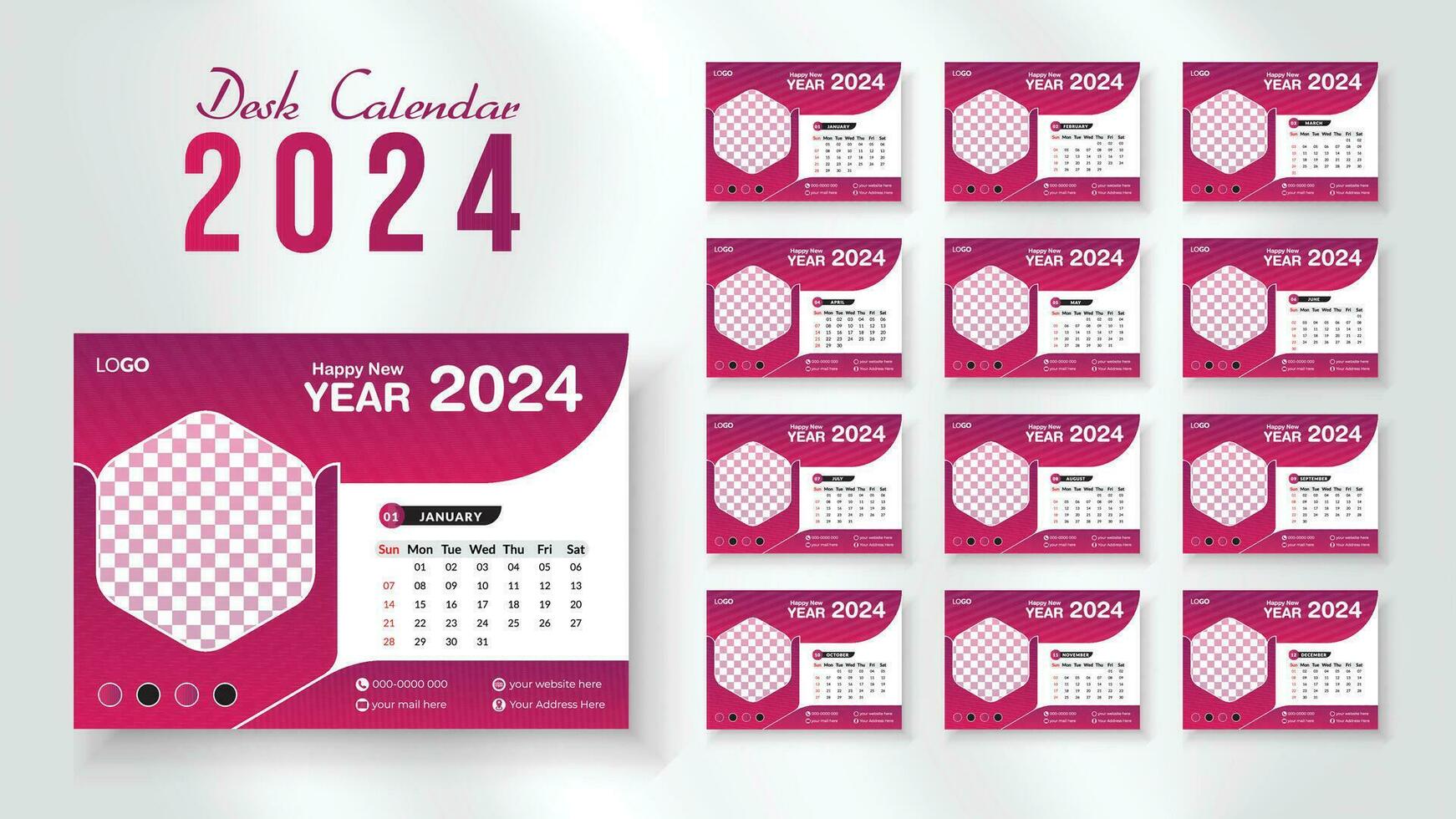 2024 new year desk calendar design template, Modern and nipque layout desk calendar set of 12 month. week starts on Sunday. vector