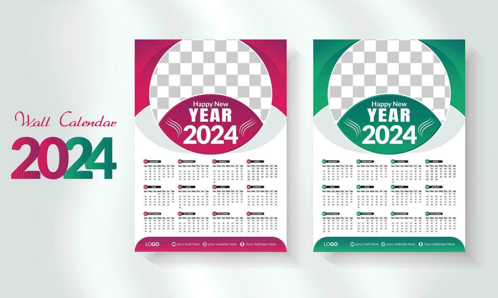 2024 happy new year calendar template set. modern and creative layout wall calendar set of 12 month template. minimalist template or calender a4 layout design.  week start on sunday. vector