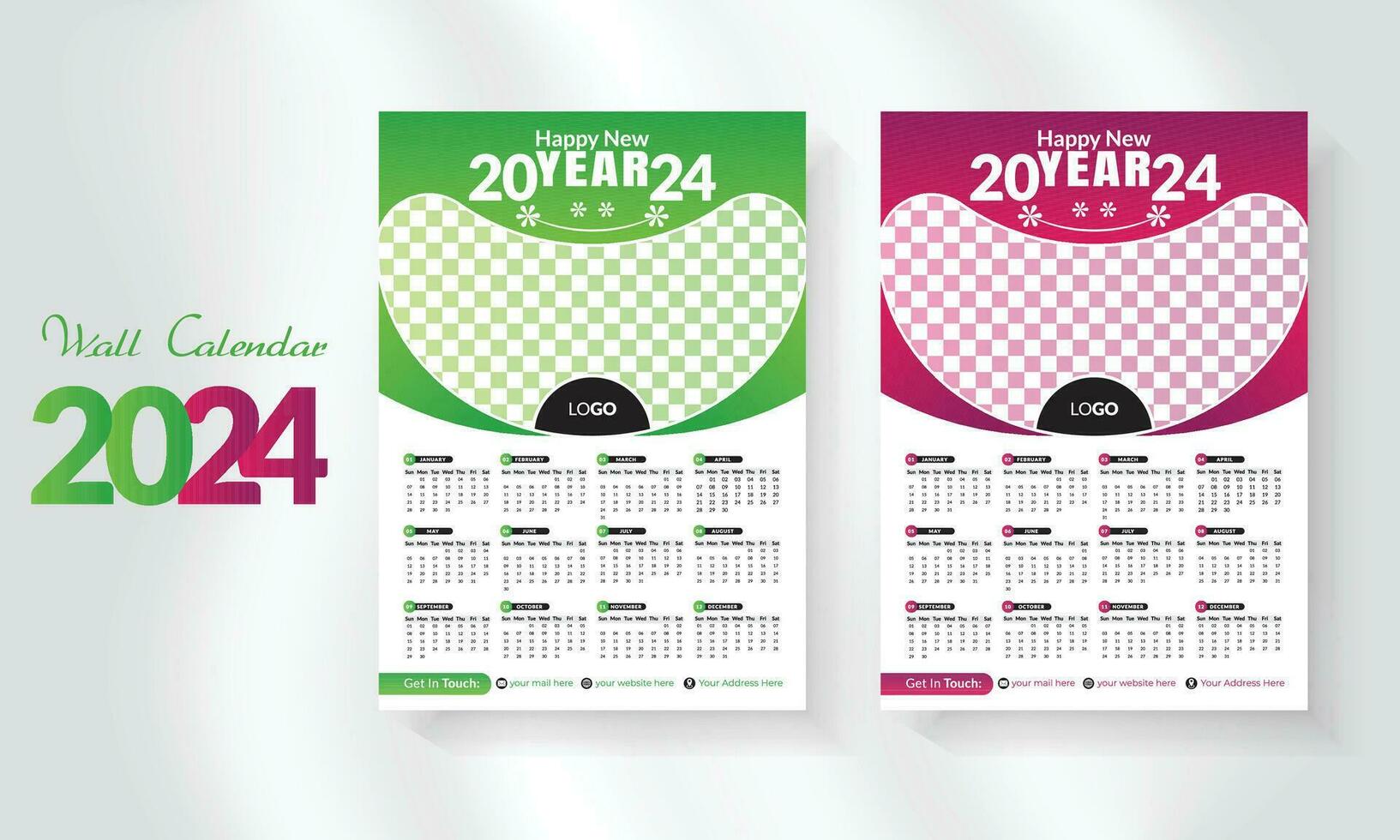 2024 happy new year calendar template set. modern and creative layout wall calendar set of 12 month template. minimalist template or calender a4 layout design.  week start on sunday. vector