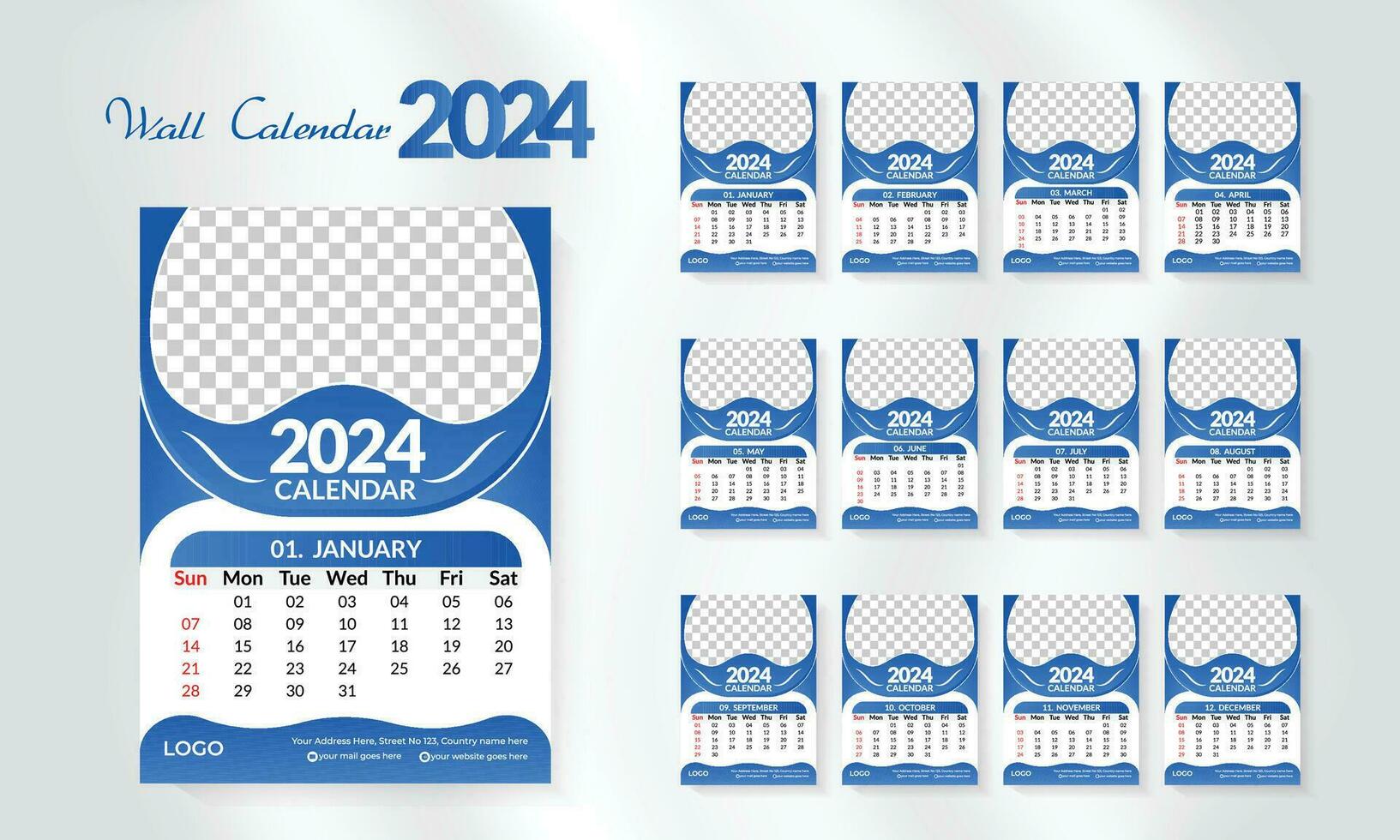 2024 contento nuevo año calendario modelo colocar. moderno y creativo diseño pared calendario conjunto de 12 mes modelo. minimalista modelo o calandrar a4 diseño diseño. semana comienzo en domingo. vector