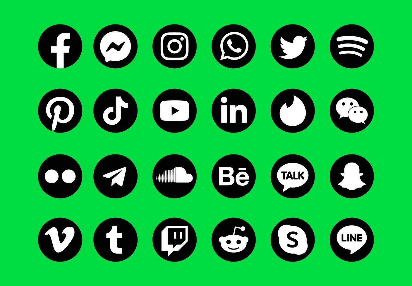 The set of social media vector icons on a fluorescent green background.