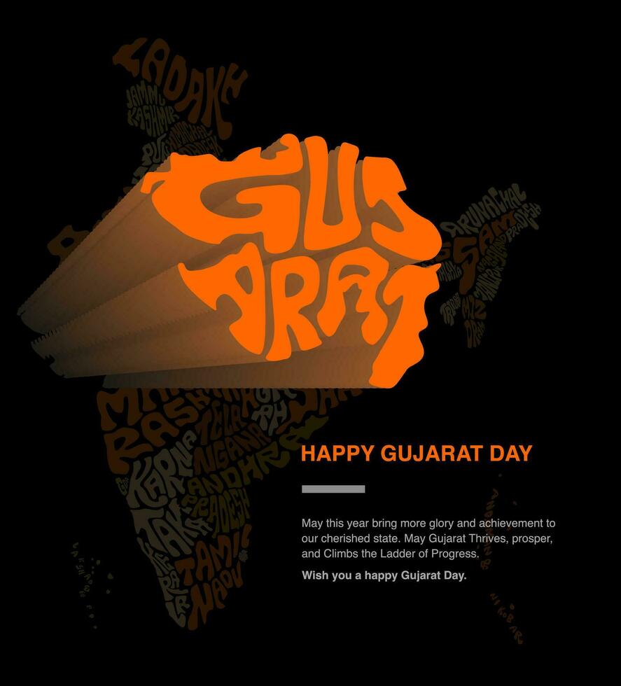 Gujarat Day greetings vector creative. Gujarat map lettering post with greeting message.