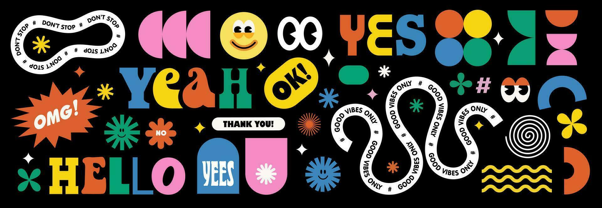 Naive playful abstract shapes stickers big pack. Groovy typography in trendy retro 90s cartoon style. Vector illustrations with wavy geometric elements and cute signs. Brutalism aesthetic