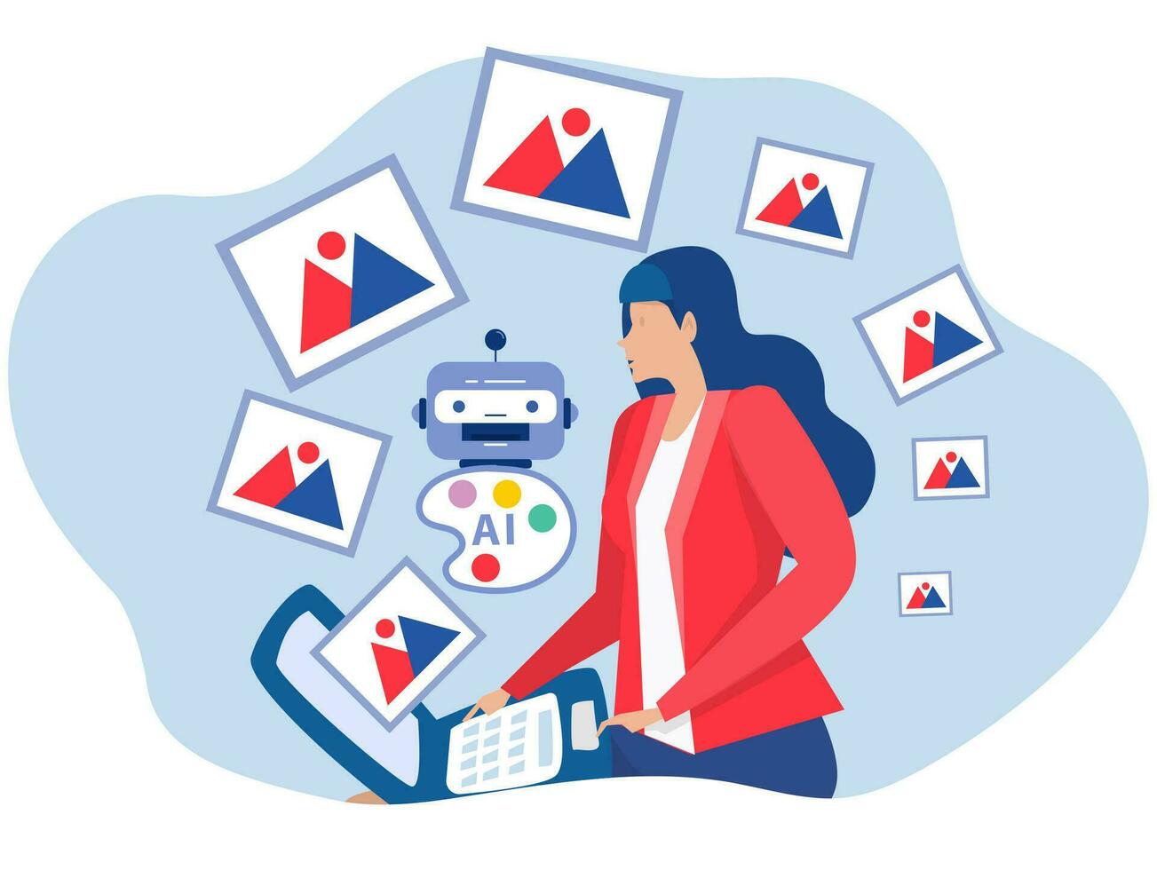 Businesswoman AI prompt engineer or AI chatbot to create a text or an image Prompt engineering of using artificial intelligence and photo processing vector