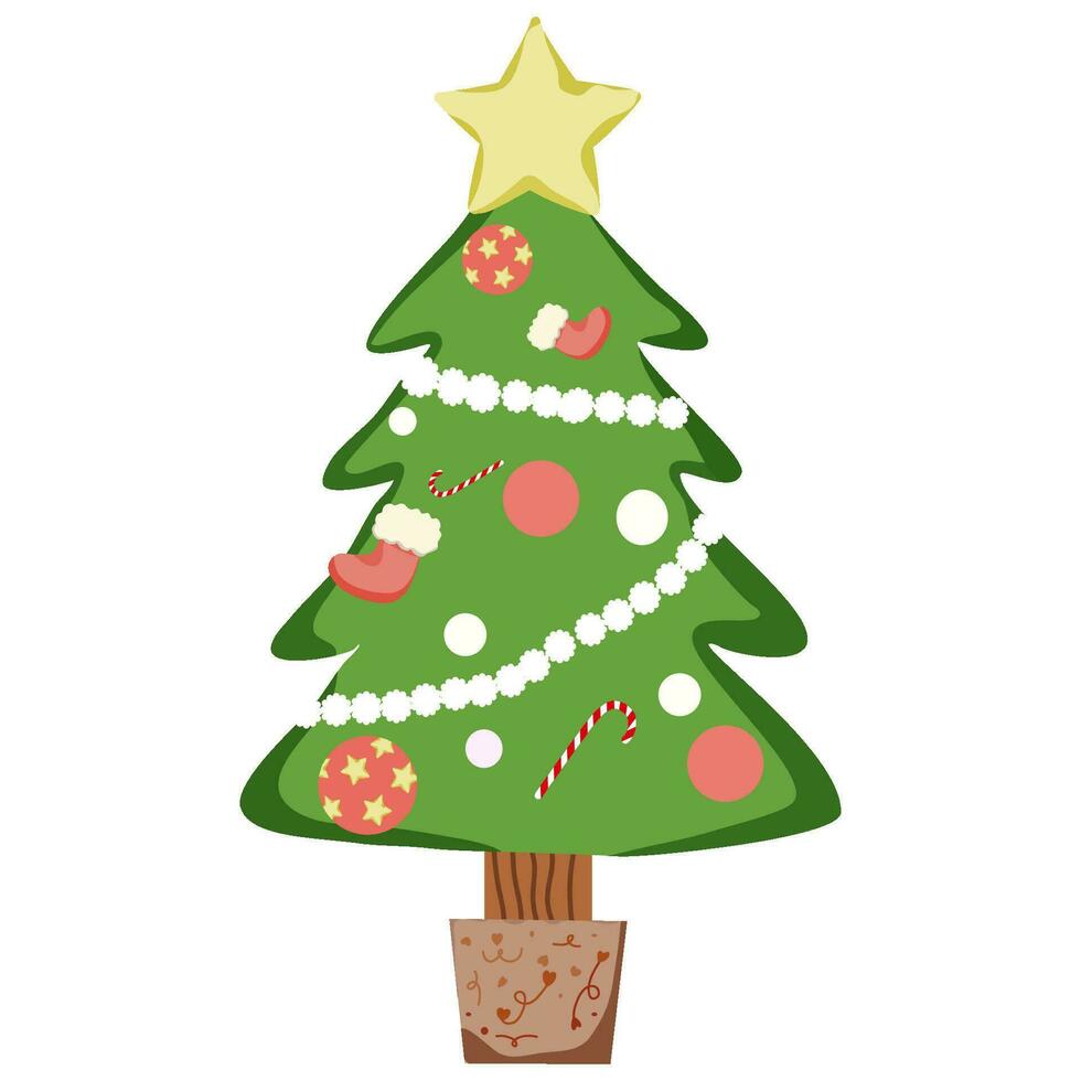 Beautiful green Christmas tree decorated with bright garlands and balls, candy canes vector