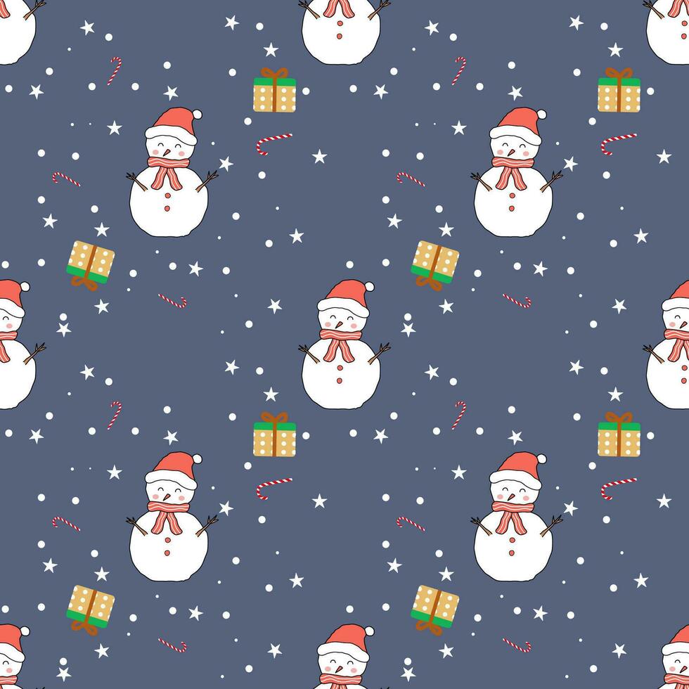 Christmas seamless pattern with snowmen on blue background. Winter pattern with snowflakes, wrapping paper, Christmas and New Year greeting cards. vector