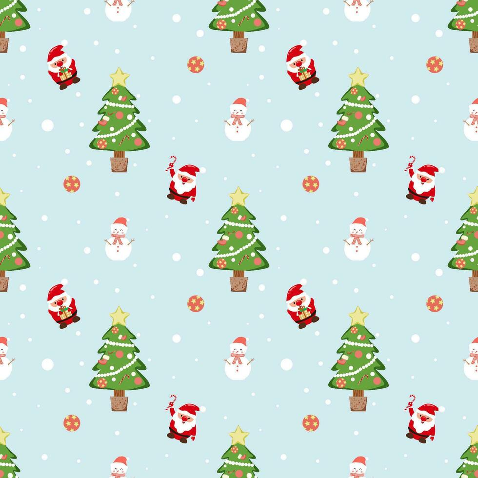 Cute cartoon Santa, Christmas tree, snowman, and beautifully decorated pine trees. Christmas seamless pattern Vector illustration