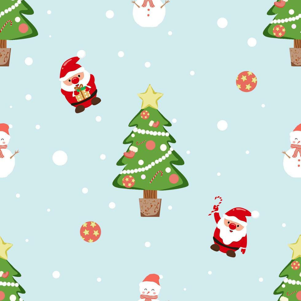 Cute cartoon Santa, Christmas tree, snowman, and beautifully decorated pine trees. Christmas seamless pattern Vector illustration
