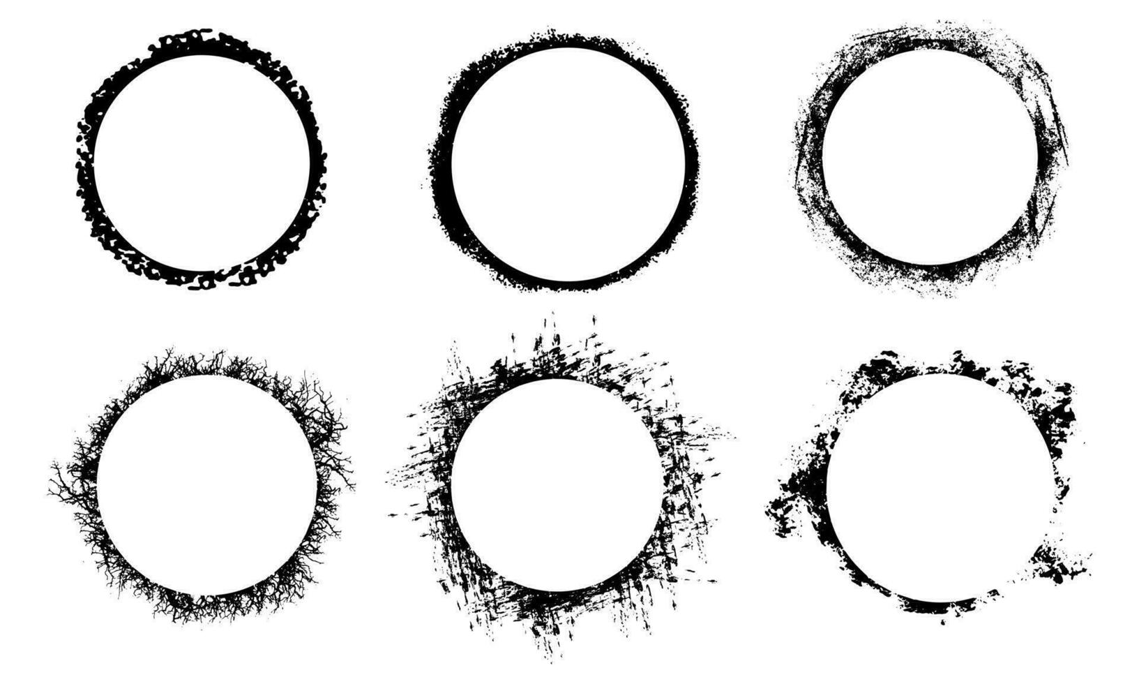 Collection of grunge style black brush stroke circle frames vector