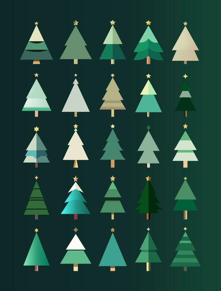 Different Christmas trees set. Merry Christmas and Happy New Year. Isolated design background. Vector set.