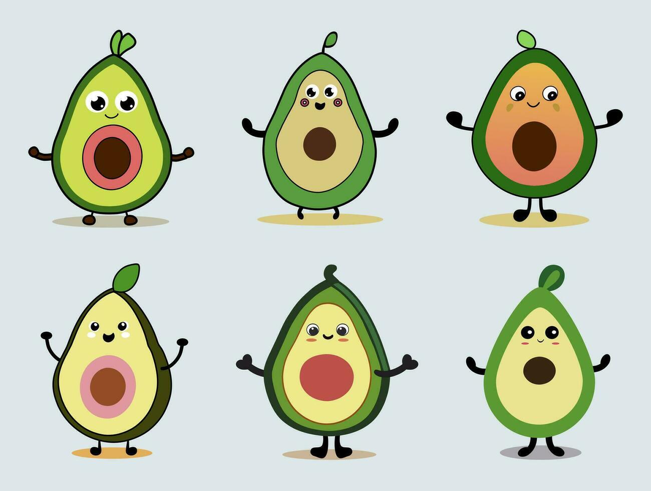 Set of avocado with cartoon face. Kawaii style for kids. vector