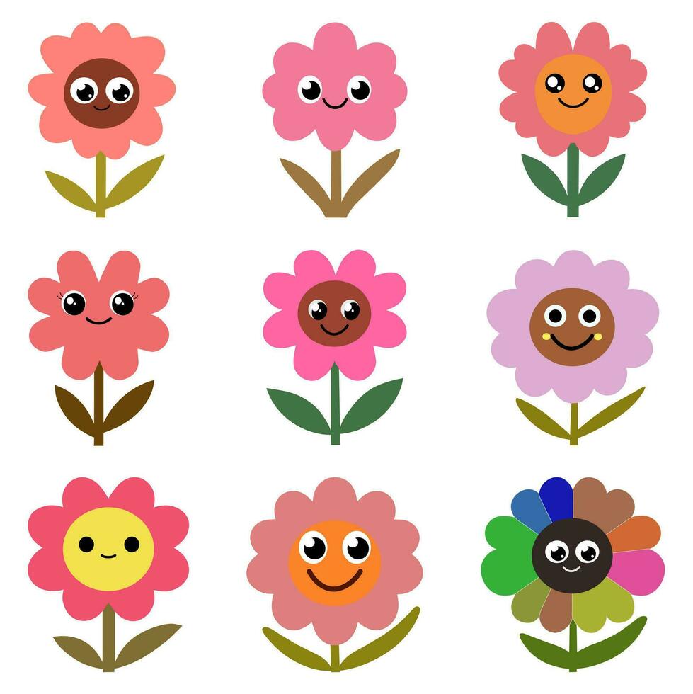 Set of funny flowers with happy face. Cartoon vector illustration.