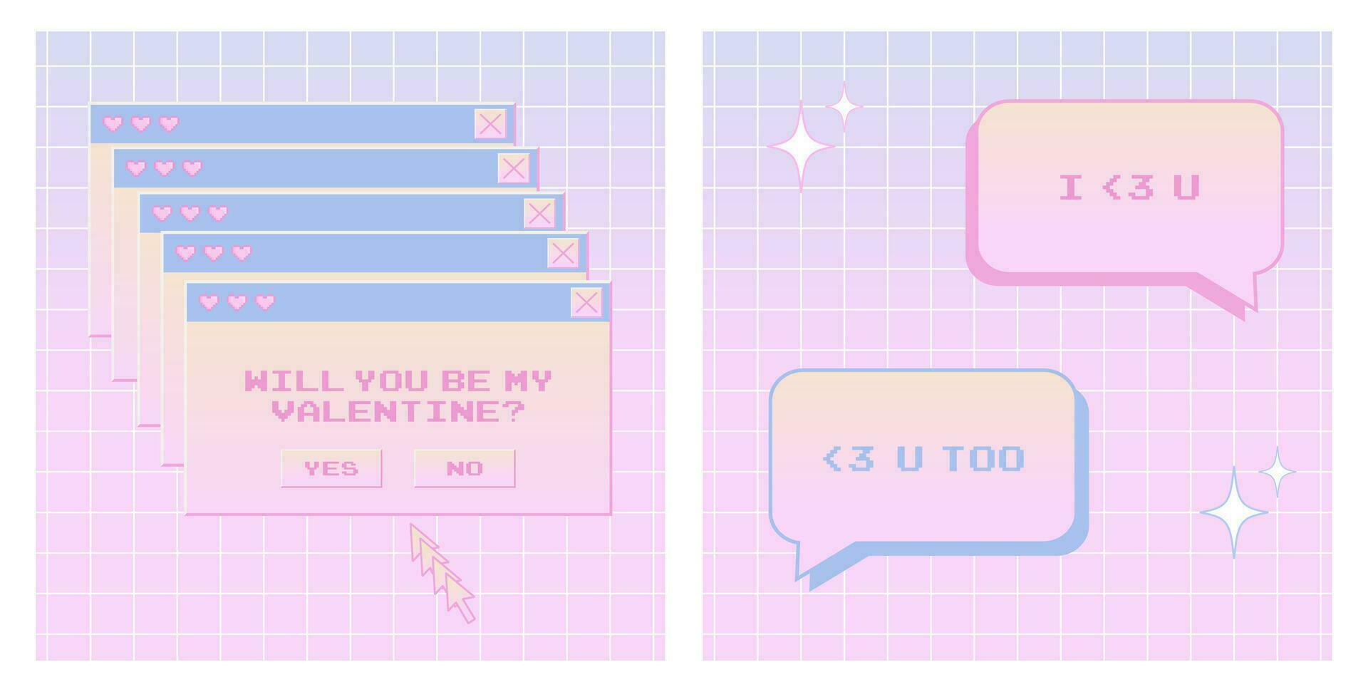 y2k valentine's day postcard set, 90s, 2000s style, trendy, nostalgia, poster, cover, aesthetic, vector illustration