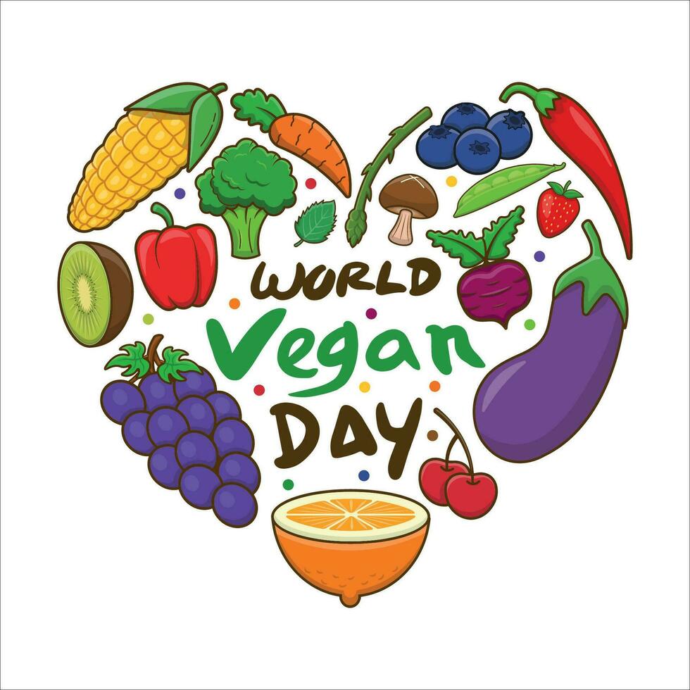 contento mundo vegano día concepto con corazón conformado Fruta y vegetales vector ilustración