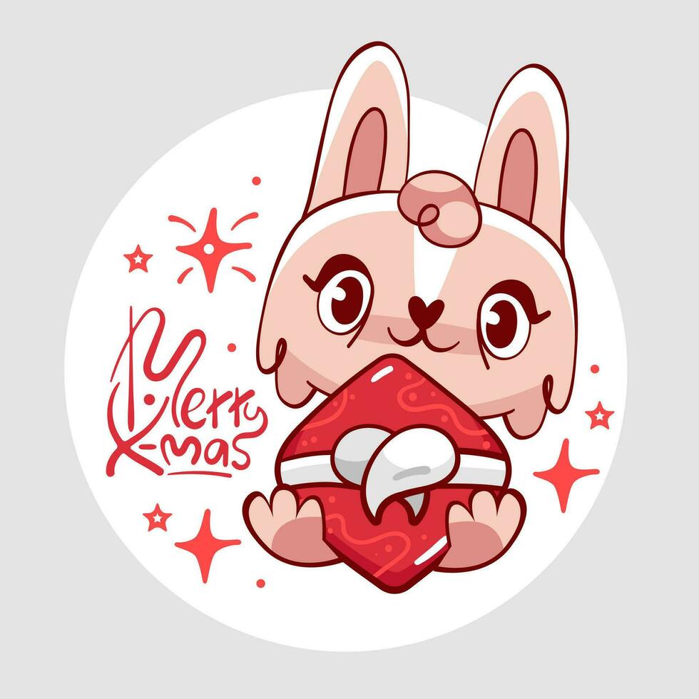 Vector greeting sticker with cute bunny, gift and Merry Christmas lettering.