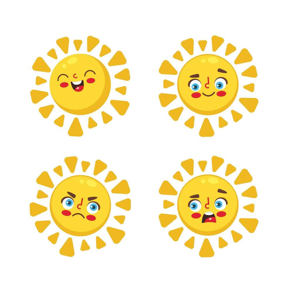 Vector illustration of sun and various emotions in cute cartoon style.