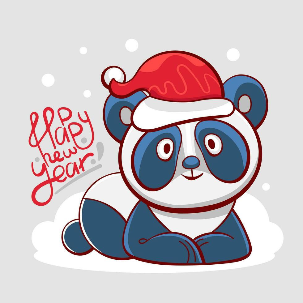 Vector greeting sticker with cute panda and Happy New Year lettering. This character is suitable for animation.