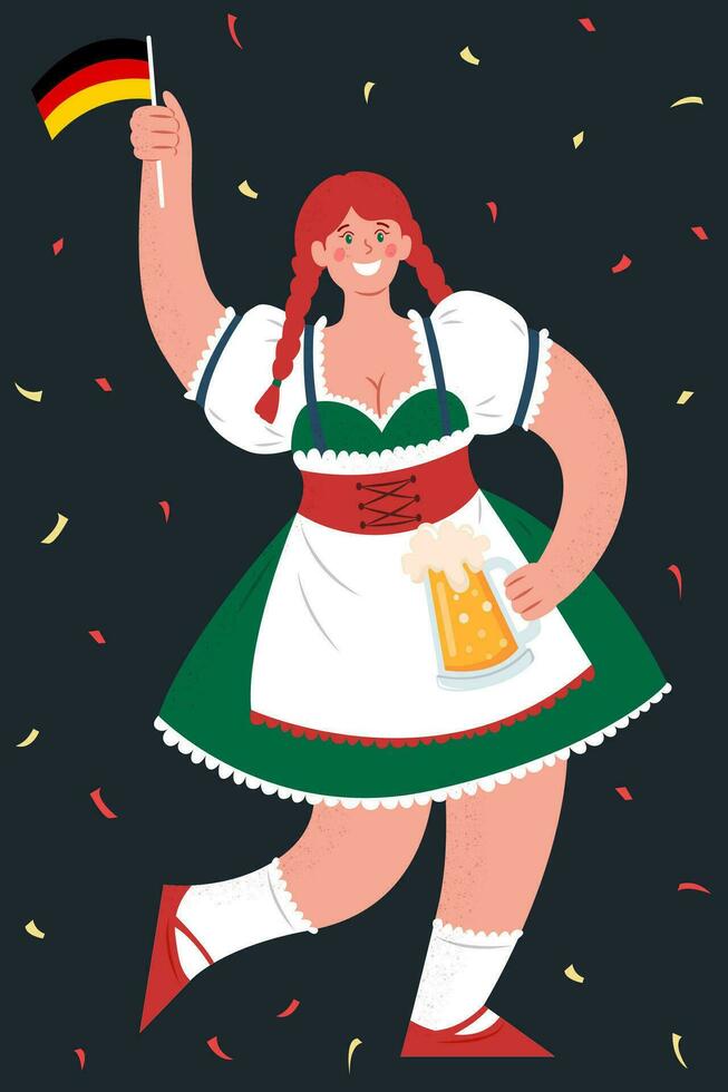 octubrefest cerveza festival. un mujer en un nacional alemán disfraz sostiene un jarra de cerveza y un bandera de Alemania. vector plano ilustración.