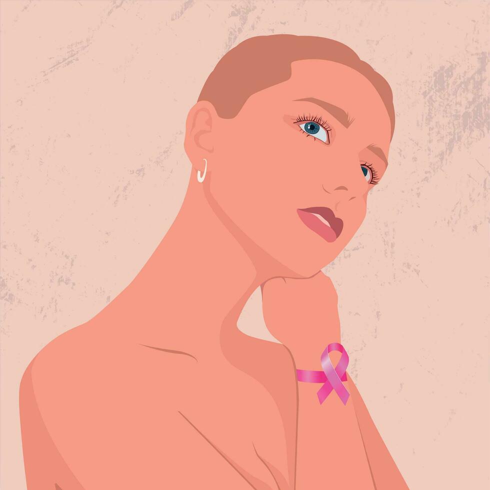 el joven mujer cubierto su cofre con su mano. un rosado cinta es desgastado en su brazo - un símbolo de el lucha en contra pecho cáncer. moderno plano ilustración. vector