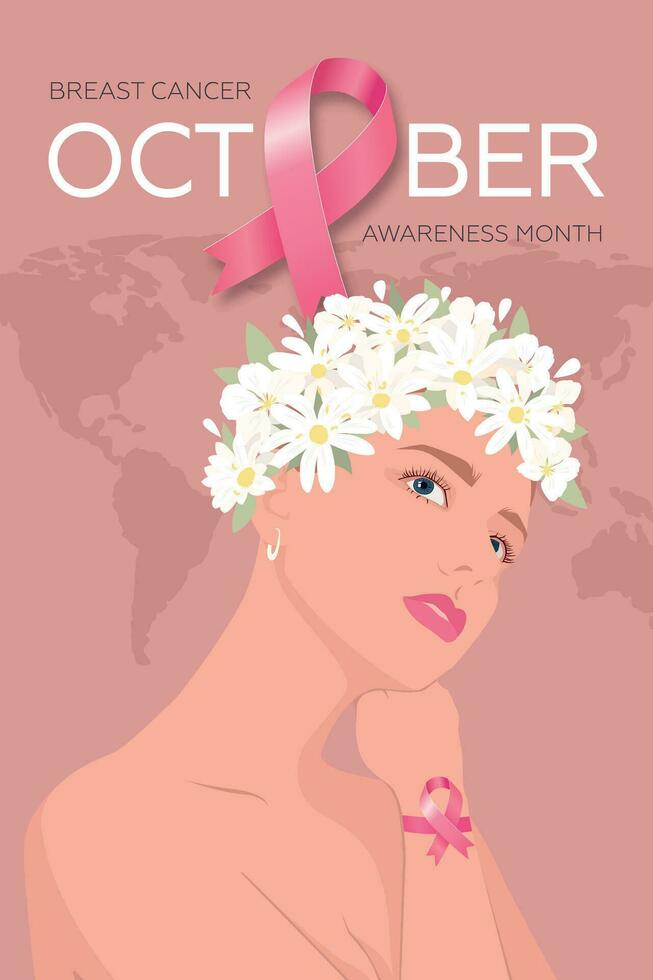 mundo pecho cáncer conciencia mes. tarjeta con rosado cinta y mujer en un flor guirnalda. moderno vector ilustración.