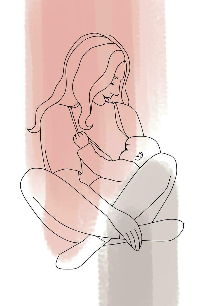 woman is breastfeeding her newborn baby. gentle vector flat illustration. black silhouette on a background of watercolor brush strokes. for poster, banner, postcard, magazine or book cover