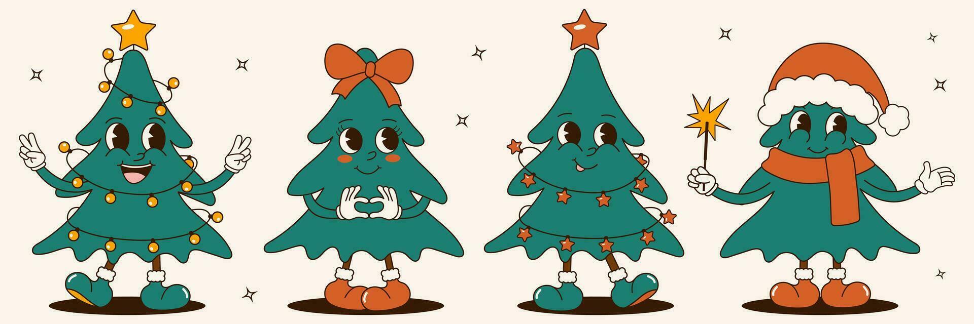 Groovy 70s Christmas sticker set. Trendy retro cartoon style. Cartoon christmas tree characters. Comic mascots vector