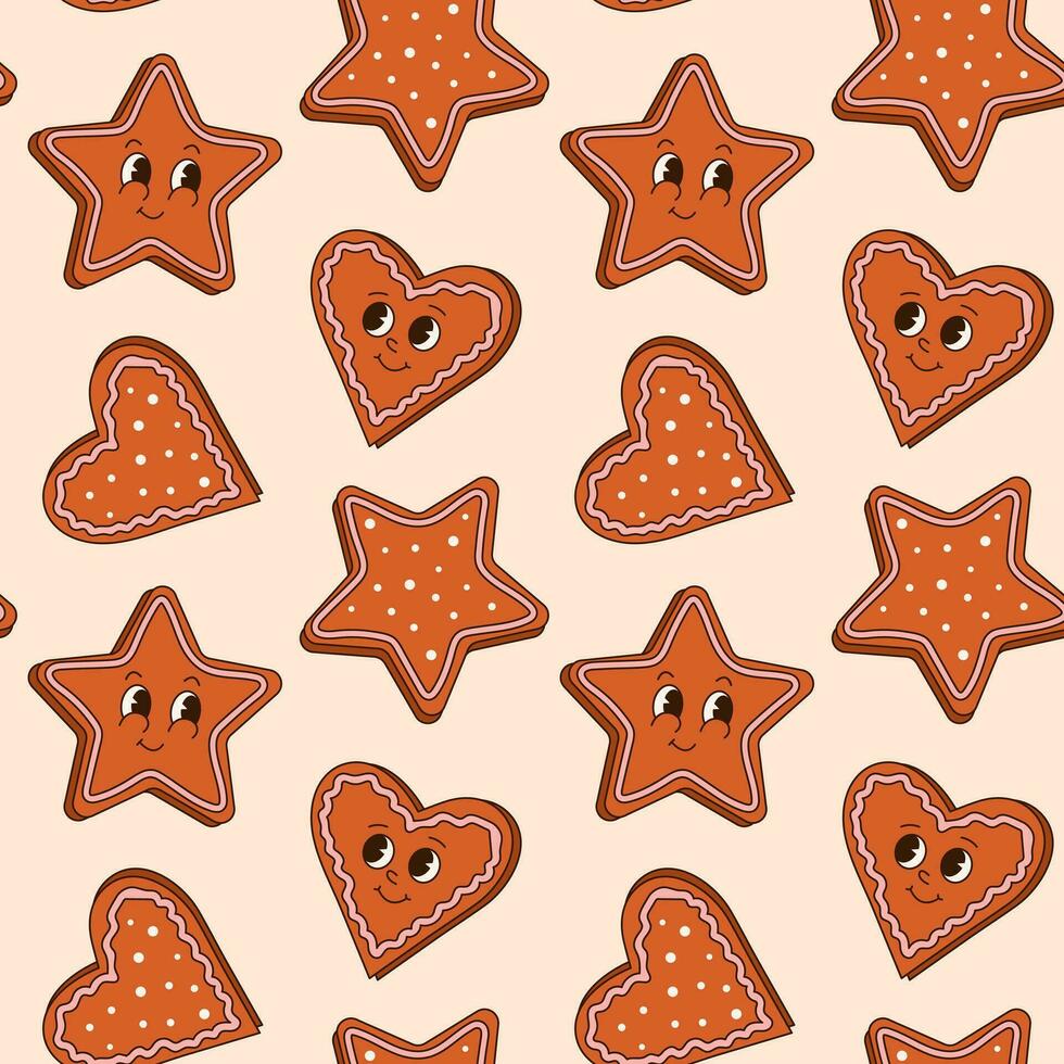Groovy 70s Christmas seamless pattern with cute gingerbread cookies. Trendy retro cartoon style. Comic cartoon characters and elements. vector
