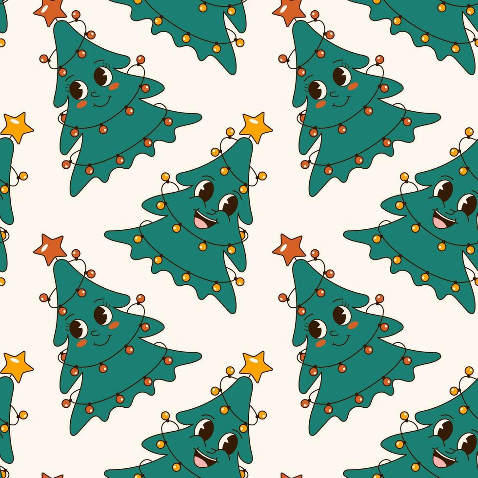 Groovy 70s Christmas seamless pattern with cute christmas trees. Trendy retro cartoon style. Comic cartoon characters and elements. vector