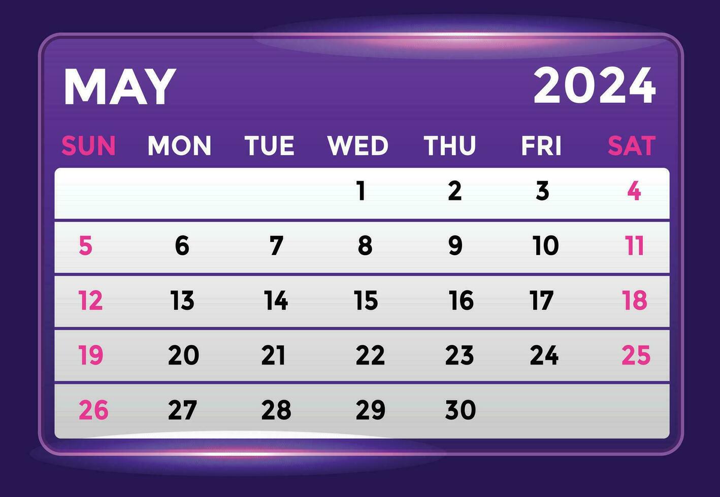 May 2024 Monthly Modern Calendar Design With Shiny Glow in Purple Shade vector