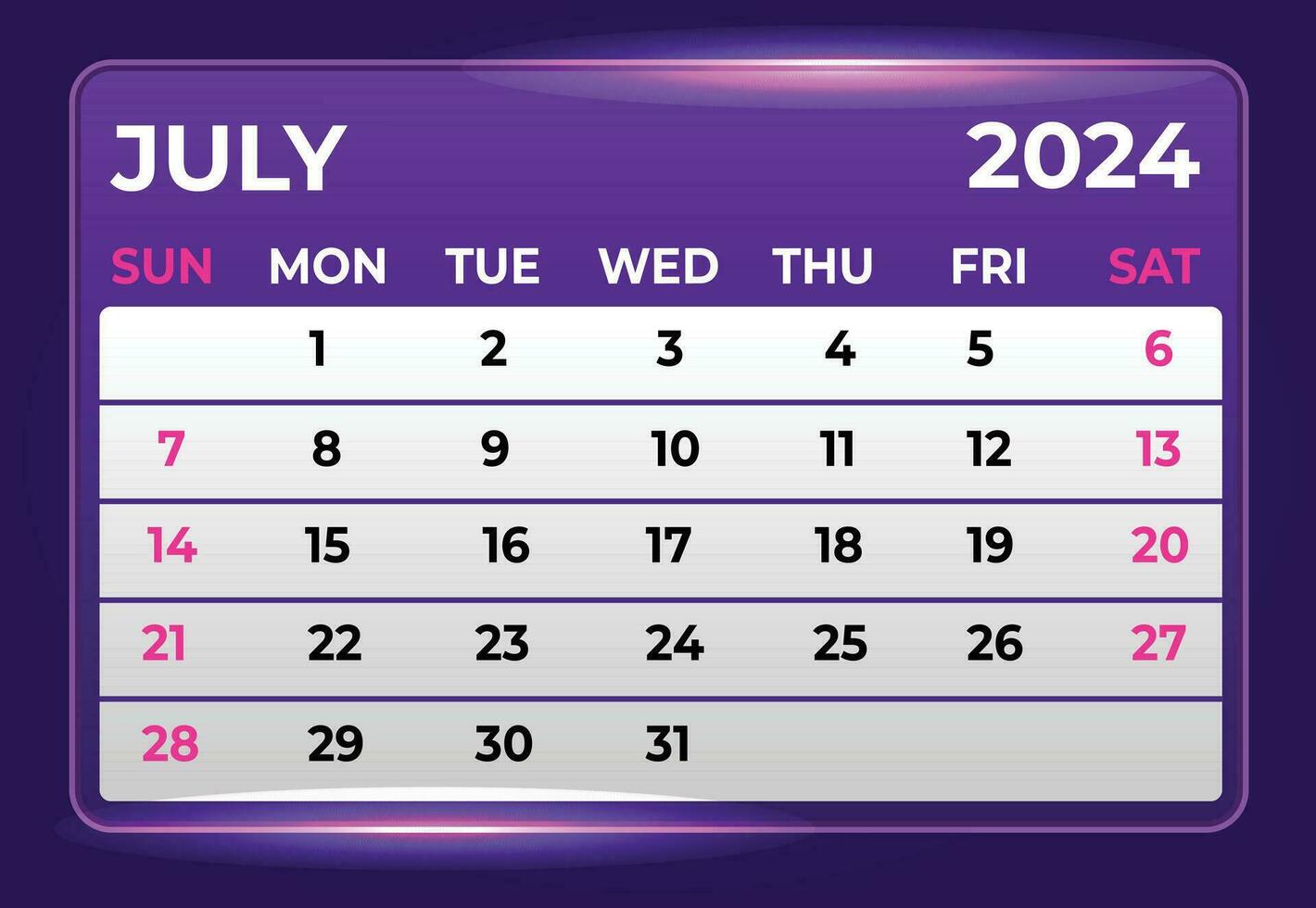 July 2024 Monthly Modern Calendar Design With Shiny Glow in Purple Shade vector