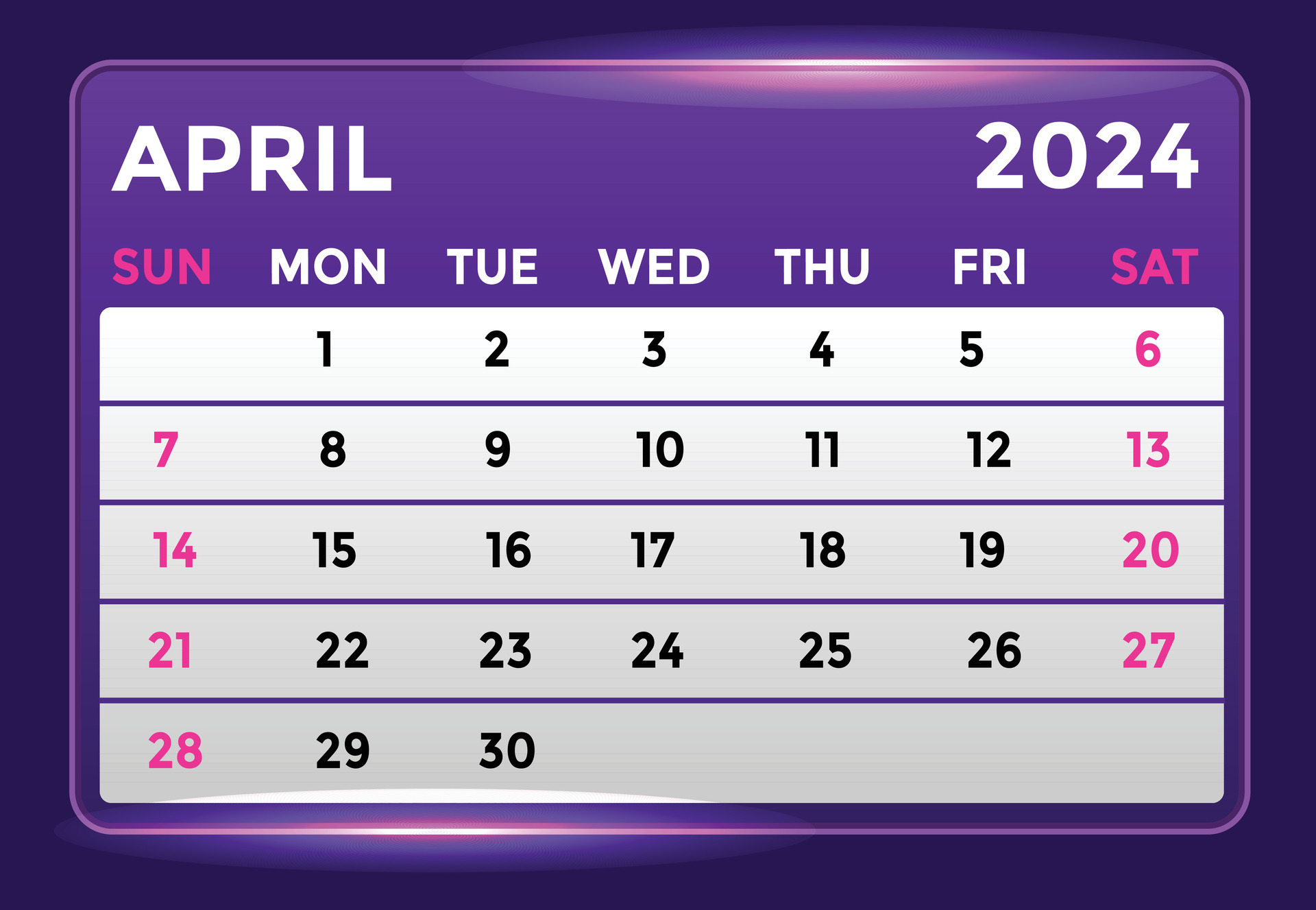 April 2024 Monthly Modern Calendar Design With Shiny Glow in Purple