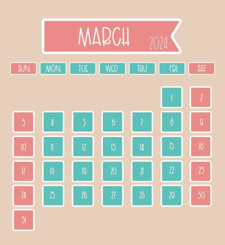 March 2024 monthly calendar design with thin font where week starts from sunday vector