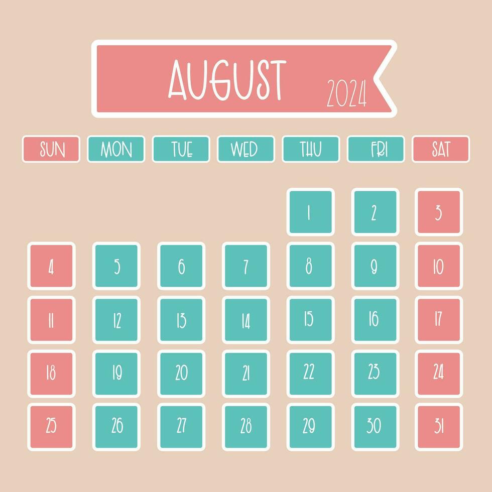 August 2024 monthly calendar design with thin font where week starts from sunday vector
