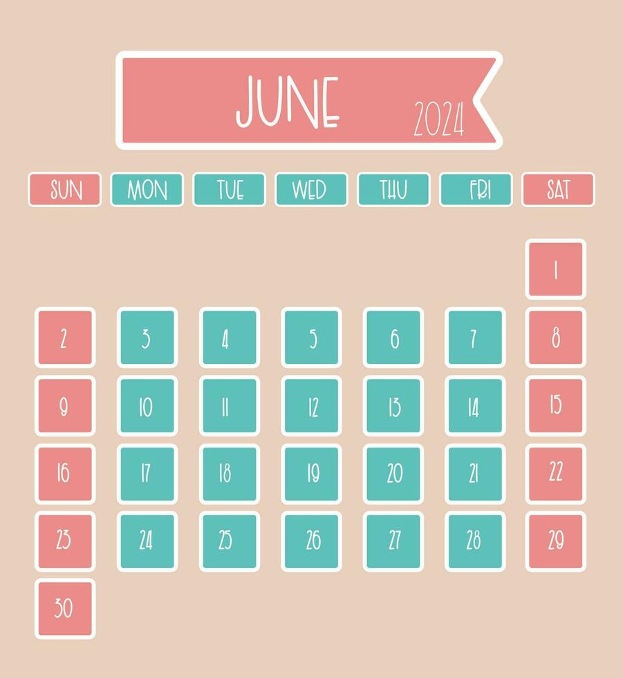 June 2024 monthly calendar design with thin font where week starts from sunday vector