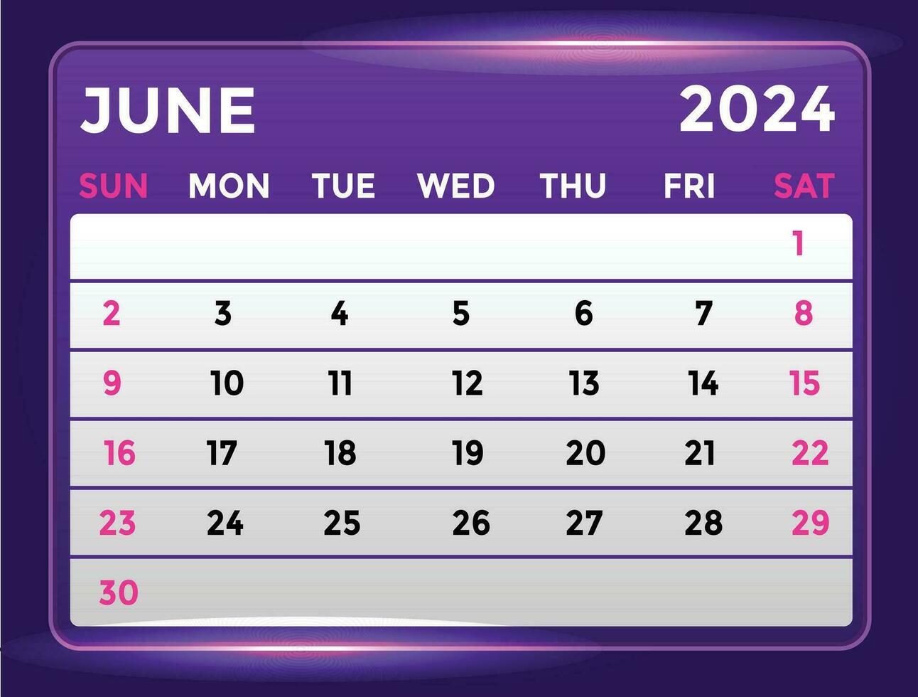 June 2024 Monthly Modern Calendar Design With Shiny Glow in Purple Shade vector