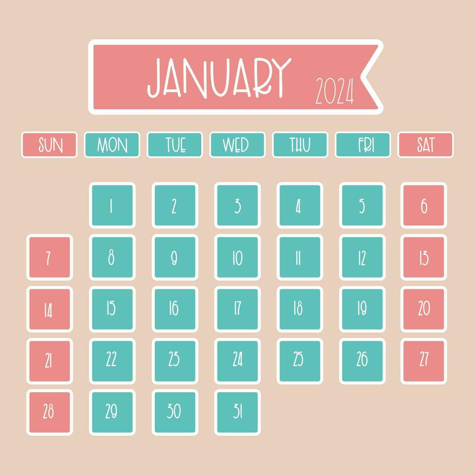 January 2024 monthly calendar design with thin font where week starts from sunday vector