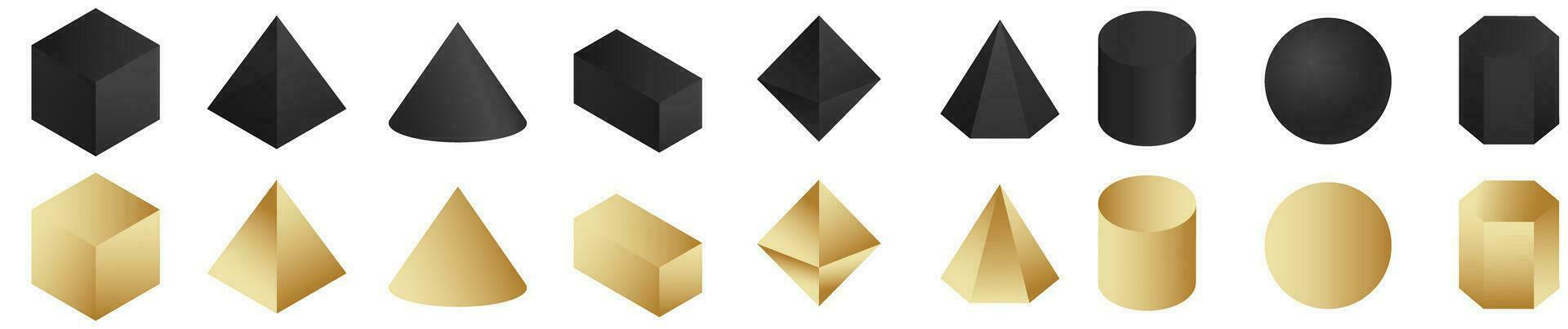 Black geometric 3d shapes set. Sphere with cone and triangle as pyramid design elements with object of simple vector constructions