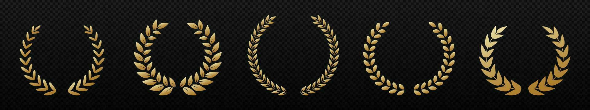 Golden laurel wreath. Winner symbol and trophy decorated with ornament branches with award distinctions and sports vector triumph