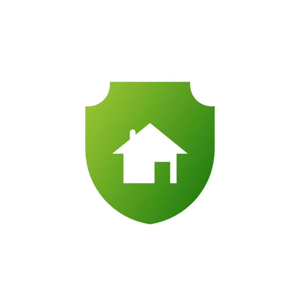 Green shield with house icon. Smart protection with programmable burglar blocking system and home web vector service