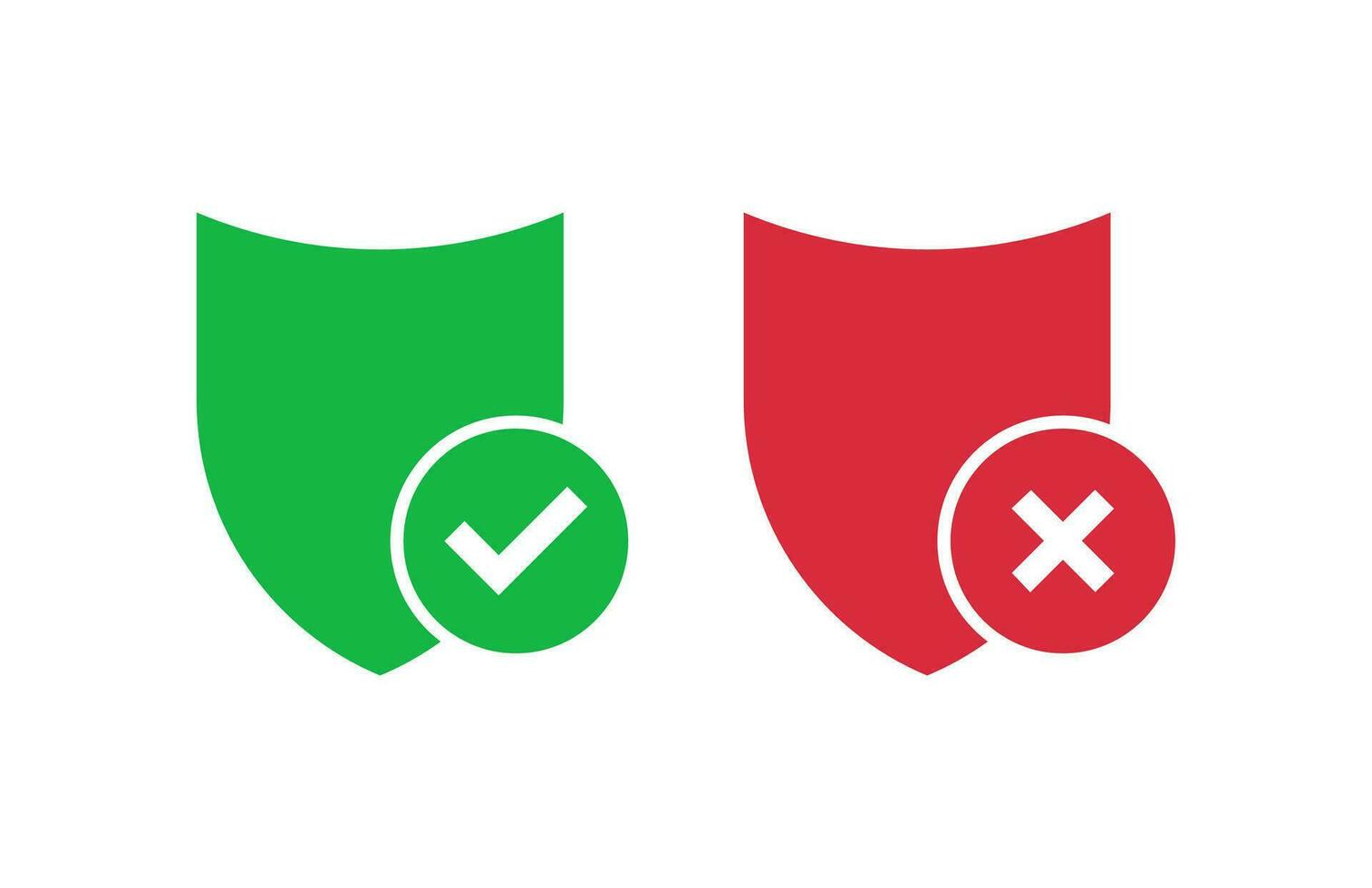 Green and red shield with checkmark and cross icon. Web security and protection against viruses and hacking with mandatory user check and vector firewall