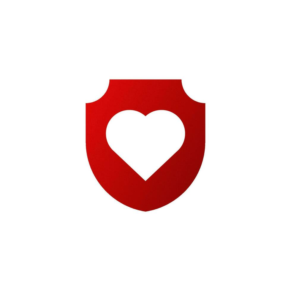 Red shield with white heart icon. Cardio system protection symbol and development of romance and warm vector feelings