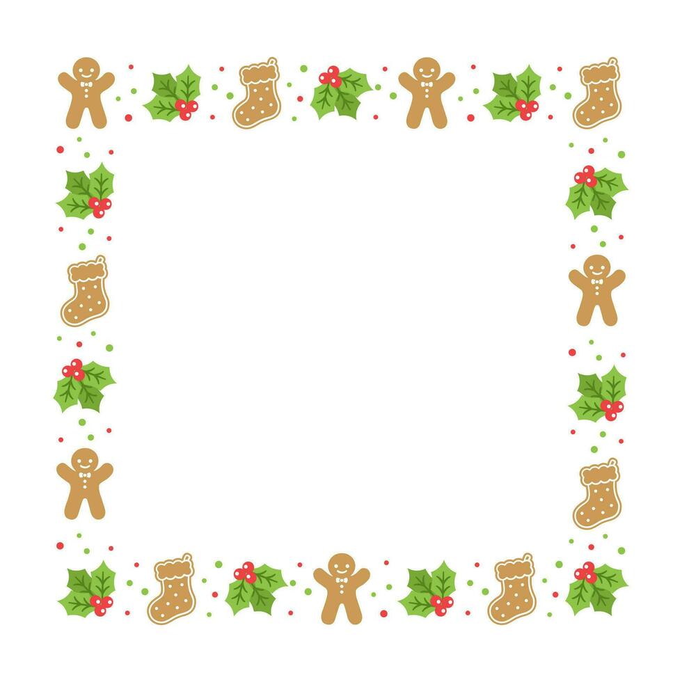 Square Gingerbread Cookies Frame Border, Christmas Winter Holiday Graphics. Homemade sweets pattern, card and social media post template on white background. Isolated vector illustration.